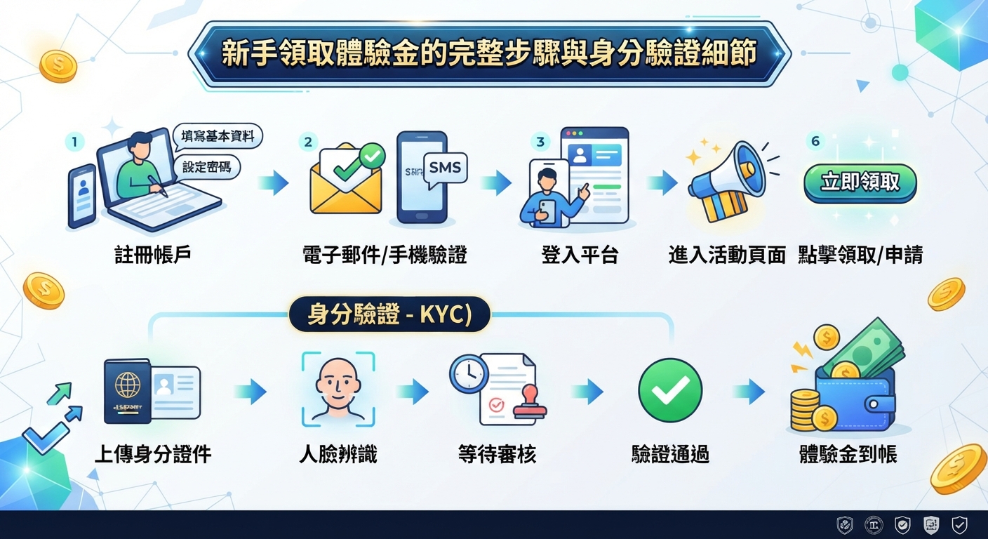 圖片上方清晰顯示了「新手領取體驗金的完整步驟與身分驗證細節」的標題。 畫面透過圖解與流程圖，詳細展示了帳戶註冊、驗證及身份審核（KYC）的完整領取過程。