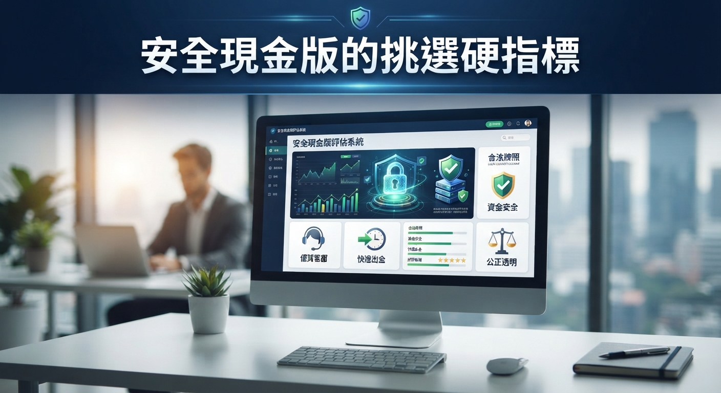 這張圖片展示了一間現代化辦公室,桌上擺放著顯示「安全現金評估系統」的電腦螢幕。 圖片上方醒目地標示著標題「安全現金版的挑選硬指標」。