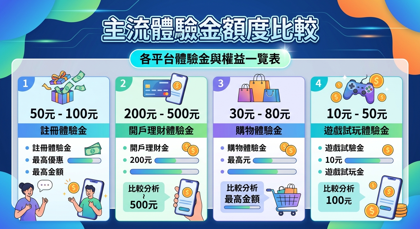 這張圖片採用現代數位插畫風格，以俐落的藍綠色調與圖表排版呈現「主流體驗金額度比較」的主題。 畫面中劃分為多個資訊卡片，搭配智慧型手機、購物袋與金幣等圖示，清晰展示不同平台的體驗金數據與權益分析。