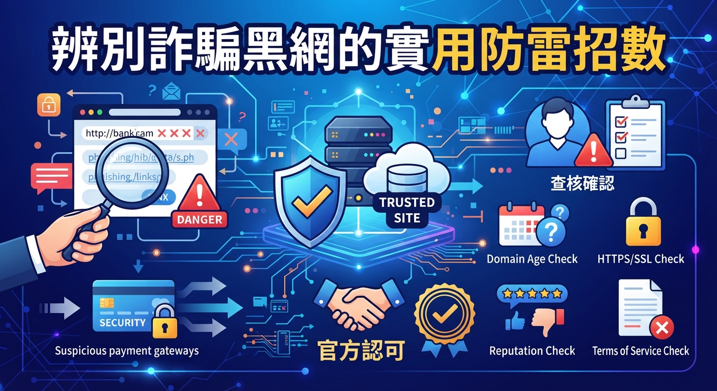 這是一張關於辨別詐騙黑網的實用防雷招數的資訊圖表。 圖中包含了放大鏡檢查、伺服器安全防護以及官方認可等防範網路詐騙的視覺元素。