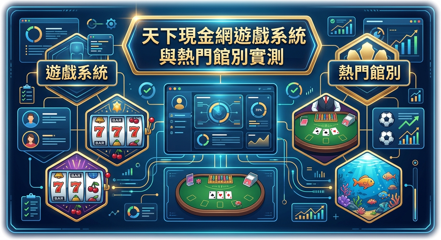 這張圖片採用科技感十足的藍色基調與扁平化插畫風格，展示了多種線上遊戲與系統分析介面。 畫面中央突出標題「天下現金網遊戲系統與熱門館別實測」，周圍結合了老虎機、真人百家樂及體育賽事等各類熱門館別圖示。