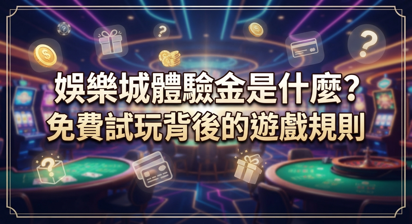 圖片背景為充滿高級感的娛樂城設計，點綴著金幣、禮物盒與問號圖標。 正中央醒目地標示著主題文字：「娛樂城體驗金是什麼？免費試玩背後的遊戲規則」。