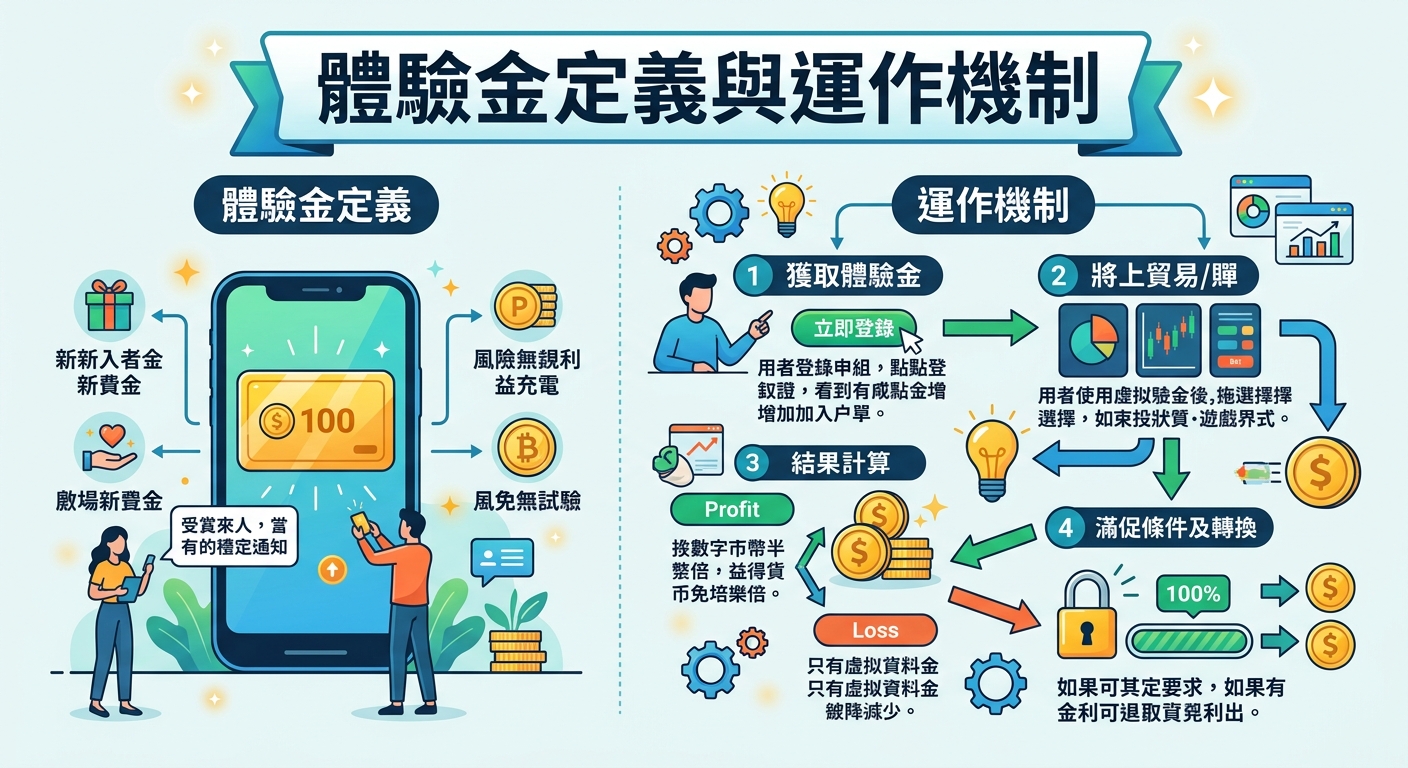 這張圖片以現代扁平化風格呈現「體驗金定義與運作機制」主題，左側展示手機介面與用戶互動來傳達概念。 右側則透過齒輪、圖表與步驟流程，清楚說明獲取體驗金、進行交易到條件轉換的完整運作機制。