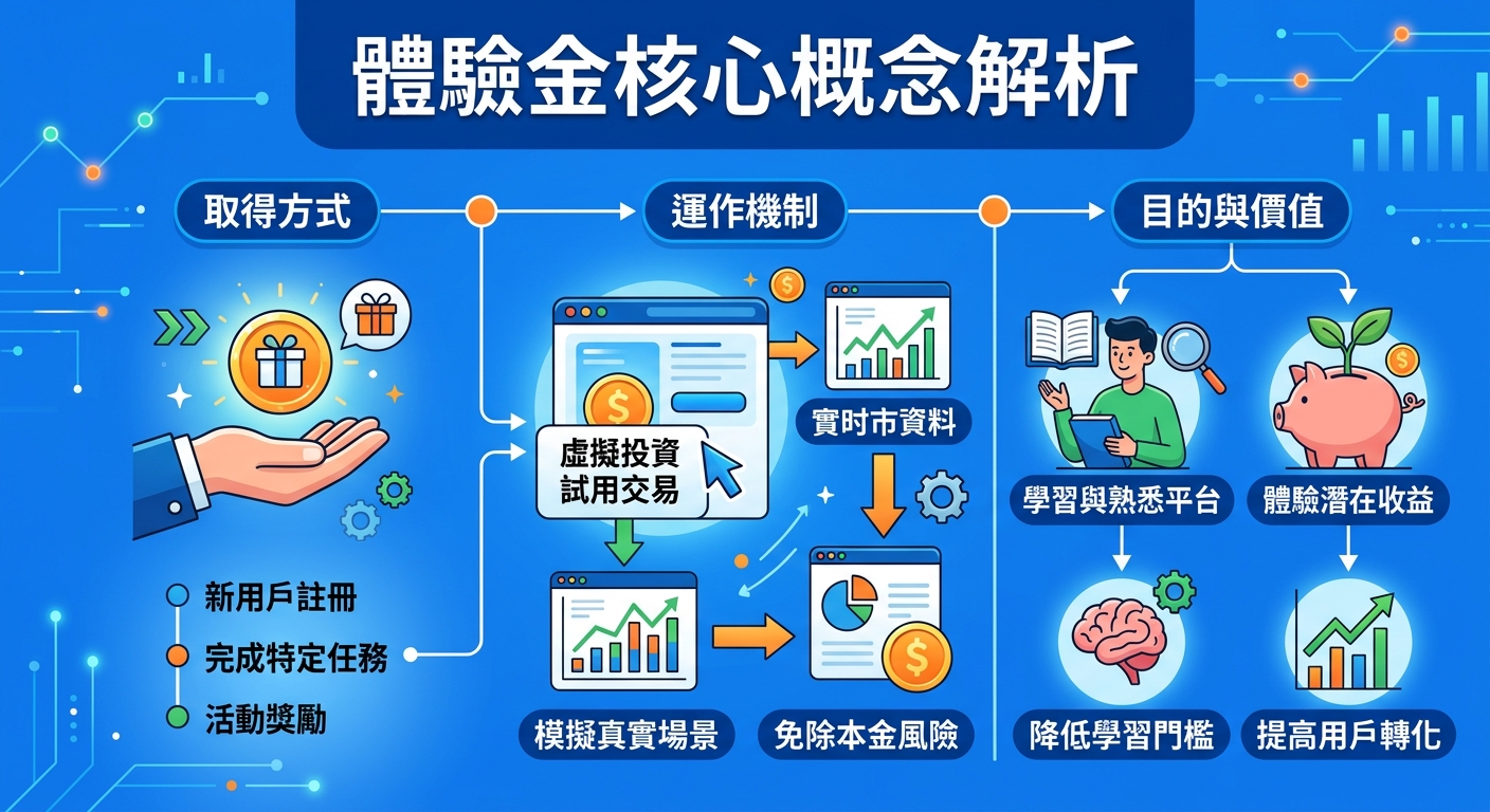 一張展示「體驗金核心概念解析」的資訊圖表，以藍色科技感為基調。 圖中透過清晰的流程圖與簡約圖標，呈現取得方式、運作機制及目的價值。