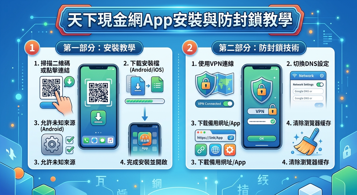 這張圖片是一個藍色科技風格的簡報指南，主題為 App 安裝與防封鎖教學。 內容分為兩大區域，分別透過智慧型手機圖示、二維碼與安全鎖標誌，圖解說明下載步驟與網路連線設定。