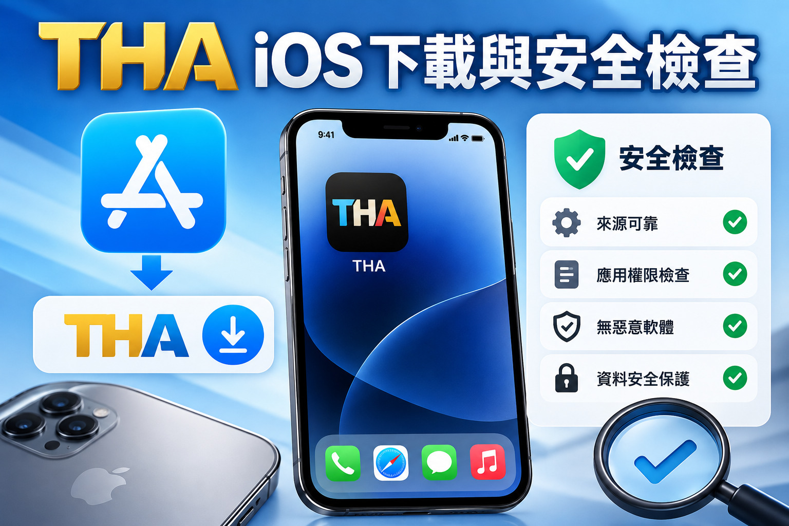 圖片以藍色科技風格呈現 THA iOS 下載與安全檢查主題，搭配 iPhone 手機畫面、下載圖示及安全防護設計。 右側展示來源可靠、應用權限檢查、惡意軟體防護與資料安全等重點，強調下載前的安全驗證重要性。
