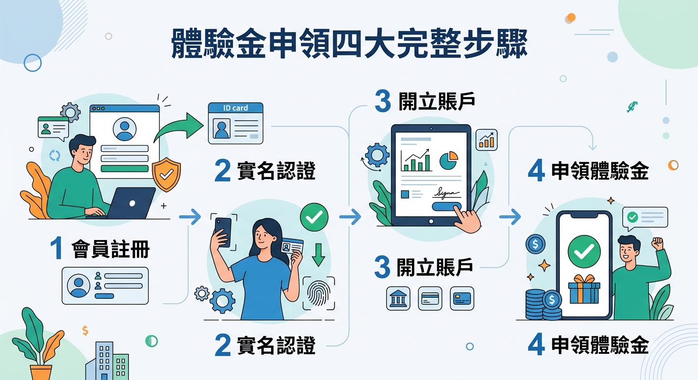 這張圖解以簡潔明亮的現代扁平風格展示，上方標有醒目的標題「體驗金申領四大完整步驟」。 畫面由左至右呈現四個圖示化流程，包含會員註冊、身分認證、帳戶開立與領取獎勵，結構清晰易懂。