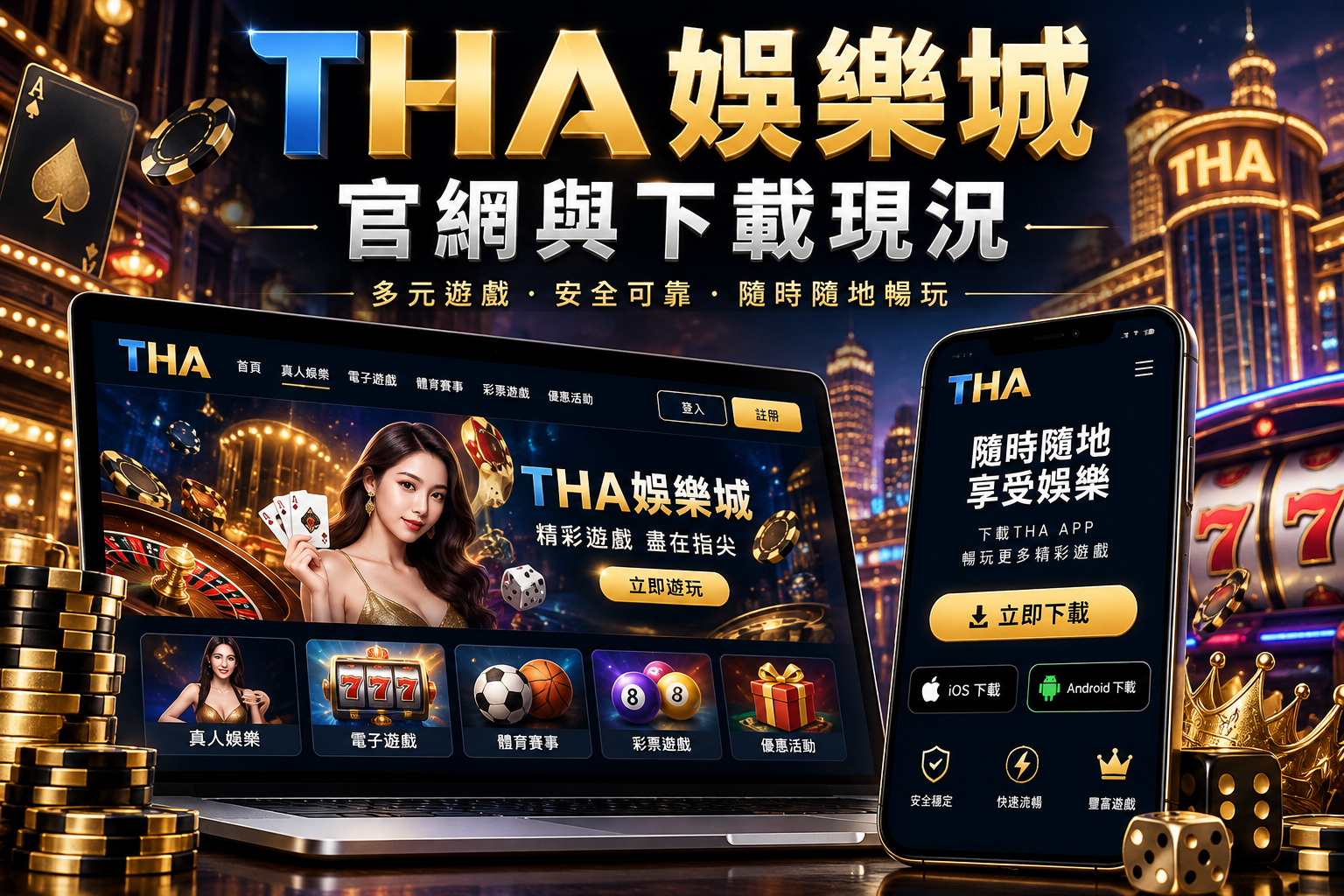 圖片以黑金奢華風格呈現 THA娛樂城官網與下載現況，結合電腦、手機及多元娛樂遊戲元素，展現現代化平台介面。 畫面突顯 iOS 與 Android 下載功能，搭配華麗的娛樂城場景，呈現跨裝置使用的便利性與視覺吸引力。